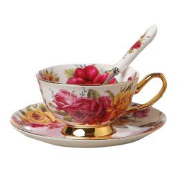 6.8 OZ Coffee Cup Set Porcelain Tea Cup Ceramic Mug Cup Saucer Spoon Roses