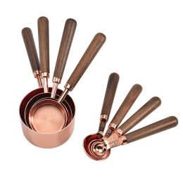 Rose Gold Measuring Cups and Spoons Set, Copper Pink Stainless Steel Cup and Spoon with Wooden Handle, Coffee Cake Milk Baking Measuring Cup