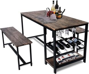3 Piece Kitchen Dining Table Set with Bench for 4 w/Storage Shelf Rack;  Wine Rack
