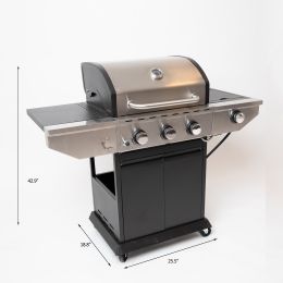 Propane Grill 3 Burner Barbecue Grill Stainless Steel Gas Grill with Side Burner and Thermometer for Outdoor BBQ; Camping