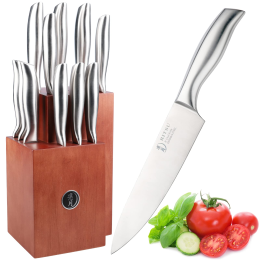 12 Pieces Kitchen Knife Set with Block;  Ultra Sharp German Steel Knife Block Set;  6pcs Serrated Steak Knives;  Hollow Handle for Chef Knife Set