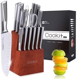 Kitchen Knife Set; Cookit 15 Piece Knife Sets with Block Chef Knife Stainless Steel Hollow Handle Cutlery with Manual Sharpener