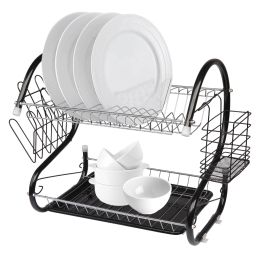 Multifunctional S-shaped Dual Layers Bowls & Dishes & Chopsticks & Spoons Collection Shelf Dish Drainer Black RT