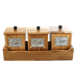 WILLART Handcrafted Teak Wood Antique Look Tea Coffee Sugar 3 Container Set in Wooden Tray – Container with Lids (Dimension : 13.50 x 5.50 x 6 Inch)