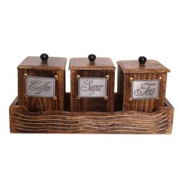 WILLART Handcrafted Wooden Antique Look Tea Coffee Sugar 3 Large Container Set in Wooden Tray – Container Canister