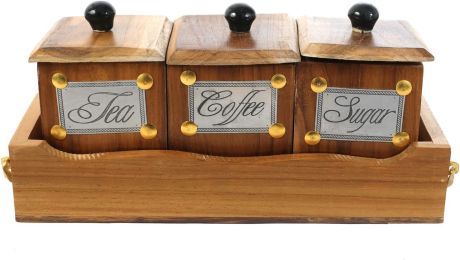WILLART Handcrafted Teak Wood Antique Look Tea Coffee Sugar 3 Container Set in Wooden Tray – Container with Lids (Dimension : 10.50 x 4 x 5 Inch)